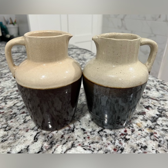 Two Antique Stoneware Cream/Brown Crock Rustic Farmhouse Milk Pitcher 6” - Picture 9 of 11